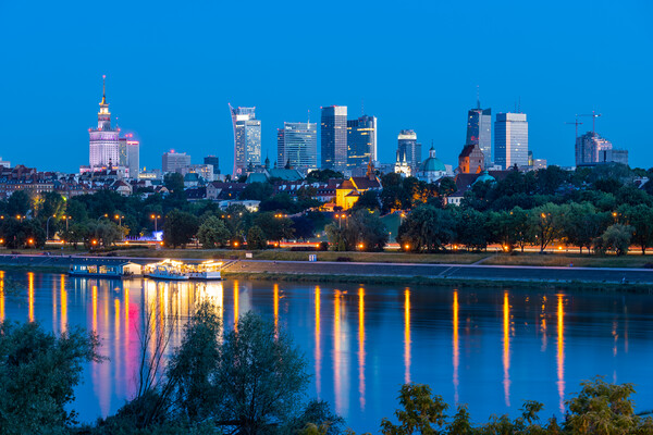 Warsaw Skyline Evening River View In Poland Picture Board by Artur Bogacki