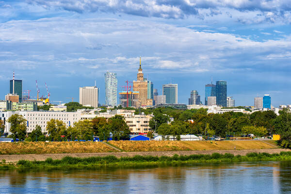 Warsaw City Skyline River View In Poland Picture Board by Artur Bogacki