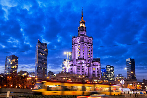 Warsaw City Centre in Poland at Evening Twilight Picture Board by Artur Bogacki