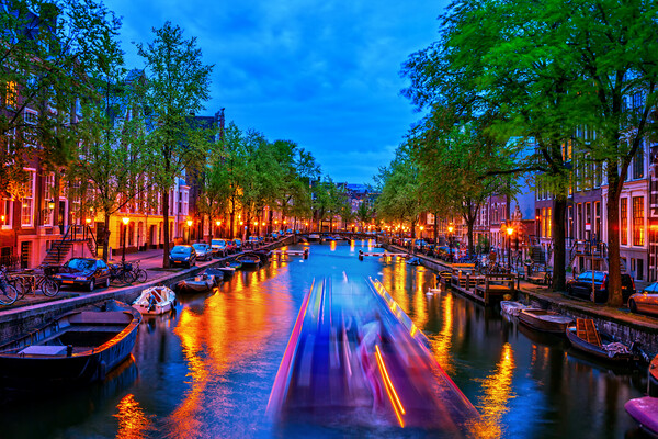 City Lights In Amsterdam Canal At Dusk Picture Board by Artur Bogacki