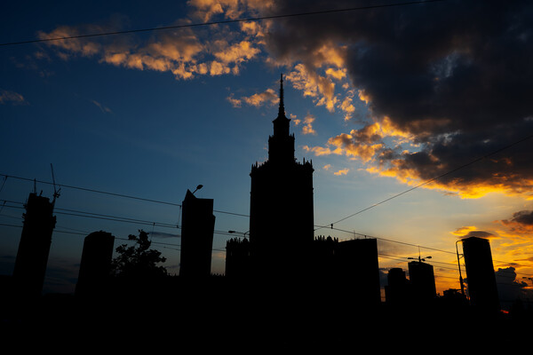 Warsaw City Downtown Skyline Silhouette At Sunset Picture Board by Artur Bogacki