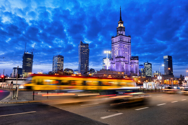 Warsaw City Downtown Skyline At Dusk Picture Board by Artur Bogacki