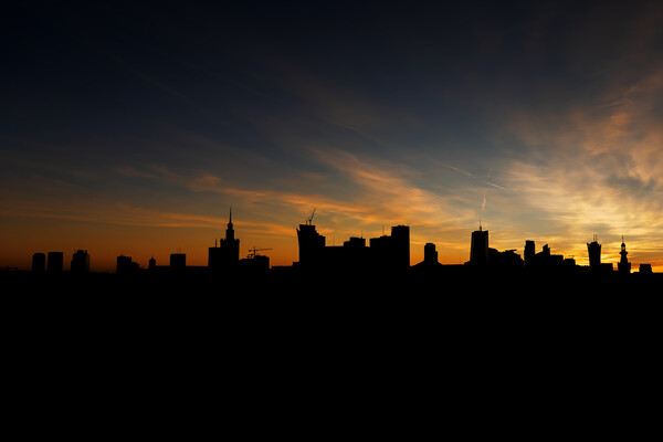 Warsaw Skyline Silhouette At Sunset Picture Board by Artur Bogacki