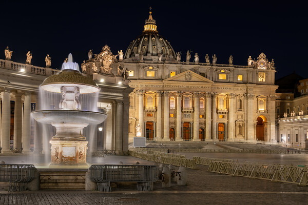 St Peter Basilica and Fountain in Vatican at Night Picture Board by Artur Bogacki
