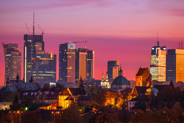 Twilight City Skyline Of Warsaw Downtown Picture Board by Artur Bogacki