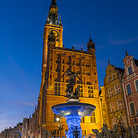 Buy canvas prints of Neptune Fountain And Town Hall At Night In Gdansk by Artur Bogacki