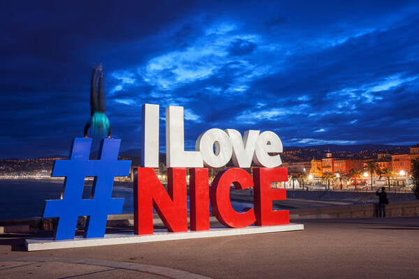 I Love Nice Sign in Nice City at Night Picture Board by Artur Bogacki