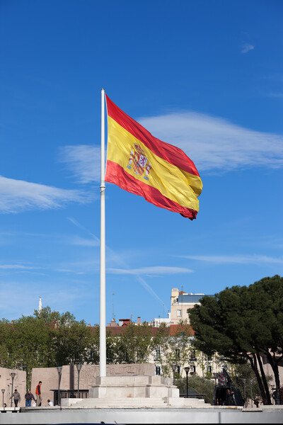 National Flag of Spain at Plaza de Colon in Madrid Picture Board by Artur Bogacki