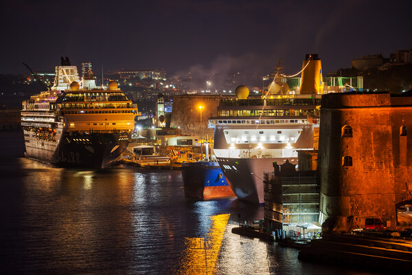 Cruise Ships in Grand Harbour at Night in Malta Picture Board by Artur Bogacki