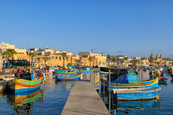 Boats in Marsaxlokk Fishing Village Port in Malta Picture Board by Artur Bogacki