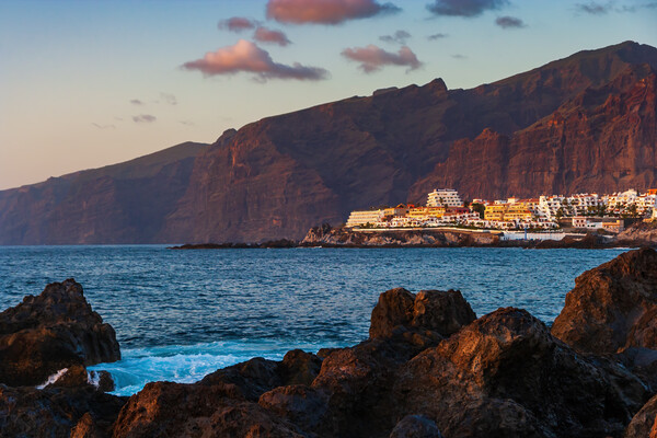 Los Gigantes Cliffs And Town At Sunset Picture Board by Artur Bogacki