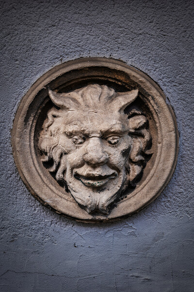 Devil Face With Evil Smile Old Relief Picture Board by Artur Bogacki