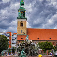 Buy canvas prints of Neptune Fountain and St Mary Church in Berlin by Artur Bogacki