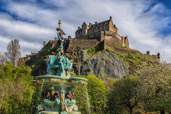 Edinburgh Castle And Ross Fountain In Scotland Picture Board by Artur Bogacki