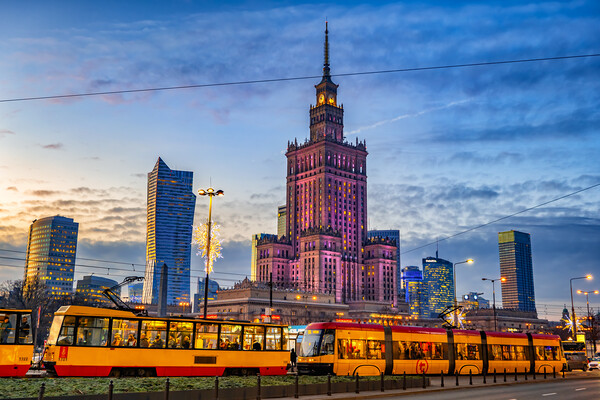 Warsaw Evening Skyline In Poland Picture Board by Artur Bogacki