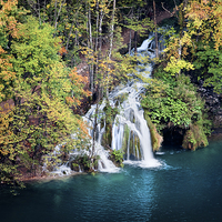 Buy canvas prints of Waterfall and Lake in Autumn Forest by Artur Bogacki
