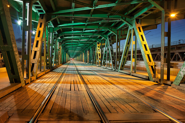 Steel Truss Bridge Tramway At Night Picture Board by Artur Bogacki