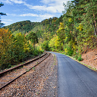 Buy canvas prints of Rural Road and Railway Track Along Autumn Forest by Artur Bogacki