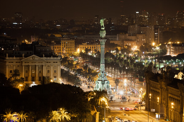 Barcelona Cityscape and Columbus Monument by Night Picture Board by Artur Bogacki