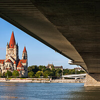 Buy canvas prints of St Francis Church In Vienna From Under The Bridge by Artur Bogacki
