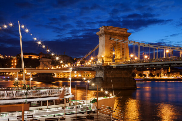 Budapest By Night With Chain Bridge On Danube River Picture Board by Artur Bogacki