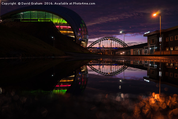 Sage Gateshead & Tyne Bridge reflected in puddle Acrylic by David Graham