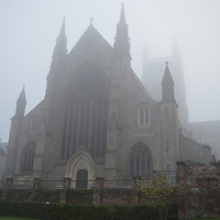 Buy canvas prints of  Worcester Cathedral in the Morning Mist by WrightAngle Photography