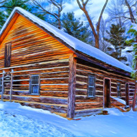 Buy canvas prints of Log Cabin In The Winter by Sarah Ball