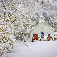 Buy canvas prints of Little White And Red Church In The Snow by Sarah Ball