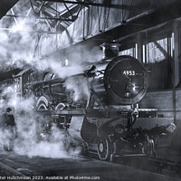 Buy canvas prints of Hall Class steam locomotive in the shed with steam by Daryl Peter Hutchinson