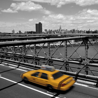 Buy canvas prints of  Yellow cab on Brooklyn Bridge, New York by Peter Schneiter