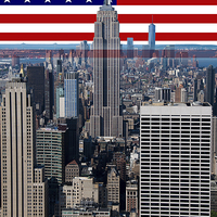 Buy canvas prints of  New York City buildings & flag by Peter Schneiter