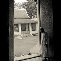Buy canvas prints of A nun in a doorway of a temple in Bangkok, Thailan by Julian Bound