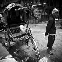 Buy canvas prints of   Rickshaw driver, Kathmandu, Nepal by Julian Bound