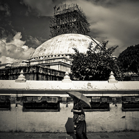 Buy canvas prints of Stupa repairs, Boudhanath Temple, Kathmandu, Nepal by Julian Bound