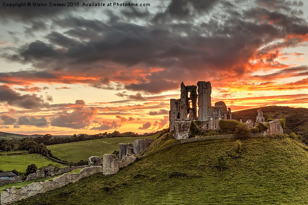  Sunset over Corfe Castle in Dorset Framed Print by Glenn Cresser