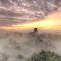 Buy canvas prints of Corfe Castle in the morning Mist by daniel allen