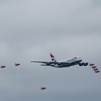 Buy canvas prints of  BA A380 and Red Arrows  by Chris Colclough