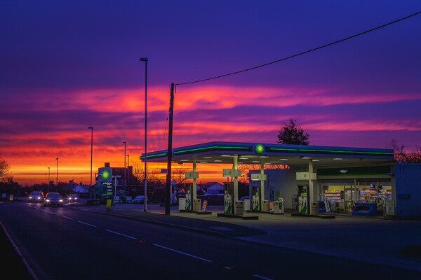 Petrol station sunrise. Picture Board by Bill Allsopp