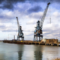 Buy canvas prints of Cranes on the Dock by Tracy Brown-Percival