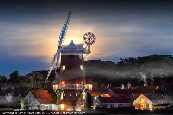 Cley windmill twilight with full moon in Norfolk Picture Board by Simon Bratt LRPS