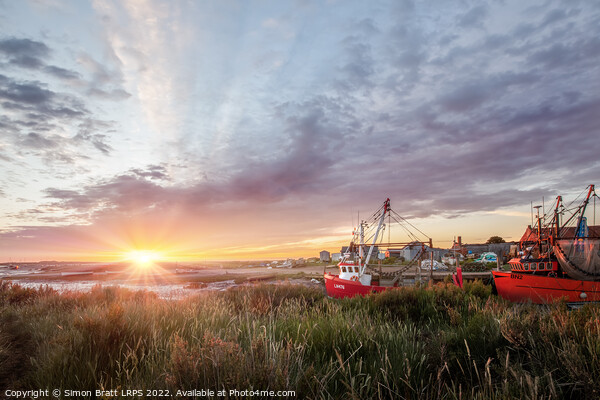 Brancaster Staithe boats at sunrise in Norfolk Picture Board by Simon Bratt LRPS