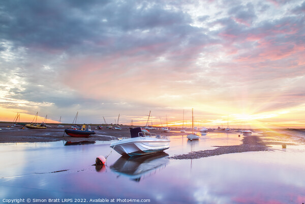 Brancaster Staithe boat harbour at sunrise in Norfolk UK Picture Board by Simon Bratt LRPS
