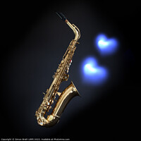 Buy canvas prints of Saxophone on black with blues hearts by Simon Bratt LRPS