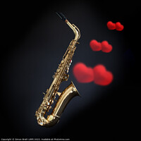 Buy canvas prints of Love saxophone music with hearts on black by Simon Bratt LRPS