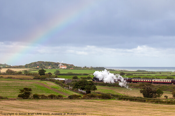 Norfolk steam train and Weybourne windmill rainbow Picture Board by Simon Bratt LRPS