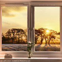 Buy canvas prints of Window view onto glowing sunset through trees by Simon Bratt LRPS