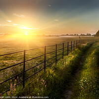 Buy canvas prints of Super sunrise over farm fields cattle fence and track by Simon Bratt LRPS