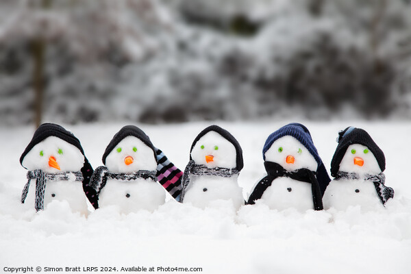 Cute little snowmen dressed in hats and scarfs in snow Picture Board by Simon Bratt LRPS