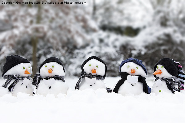 Cute snowman group in snow  Picture Board by Simon Bratt LRPS